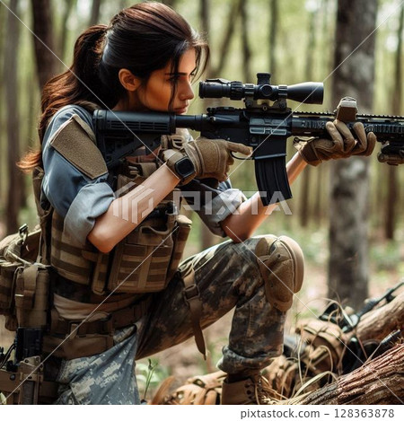 女獵人,手持步槍的狙擊手 女獵人,手持步槍的狙擊手 128363878