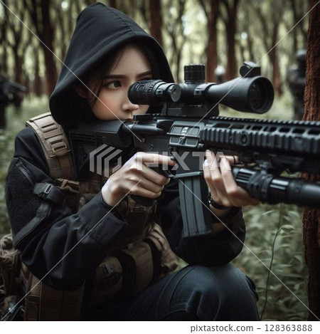 女獵人,手持步槍的狙擊手 女獵人,手持步槍的狙擊手 128363888