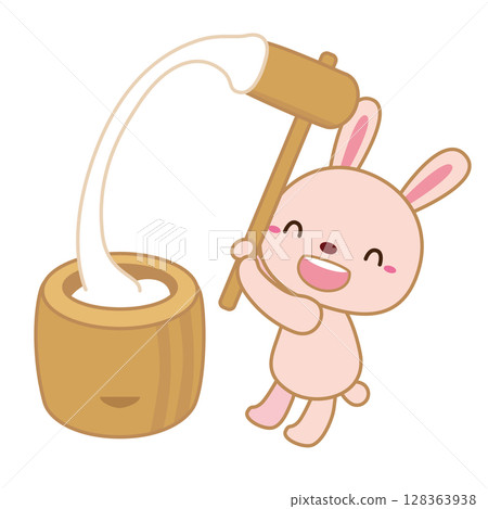Illustration of a rabbit pounding rice cakes / white background 128363938