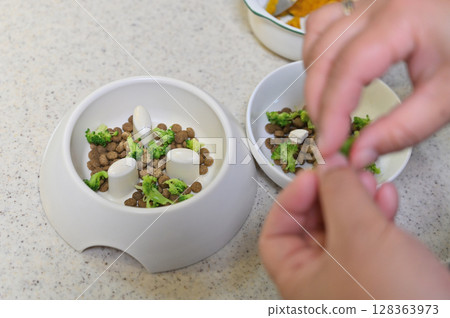 Homemade food for your dog: Dog food toppings (broccoli, pumpkin, supplements) 128363973