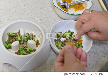 自製狗狗食物:狗糧配料(綠花椰菜、南瓜、補充劑) 自製狗狗食物:狗糧配料(綠花椰菜、南瓜、補充劑) 128363976