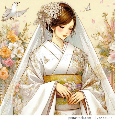A beautiful woman in a pure white kimono, a beautiful woman from ancient Japan 128364028