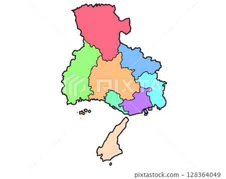 A slightly loose map of Hyogo Prefecture, color-coded by region, Kinki A slightly loose map of Hyogo Prefecture, color-coded by region, Kinki 128364049