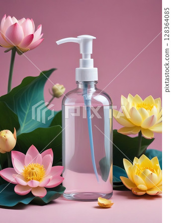 Isolated white bottle with liquid soap and flower on pink background 128364085