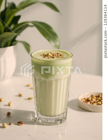 A refreshing pistachio latte in a tall, textured glass, elegantly topped with crushed nuts. The vibrant green layers and soft, natural lighting create an inviting and delightful beverage scene. 128364114