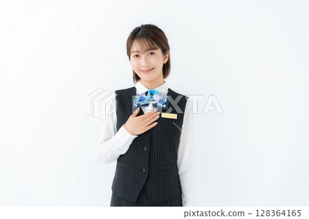 Young woman in uniform, business, leave it to us Young woman in uniform, business, leave it to us 128364165