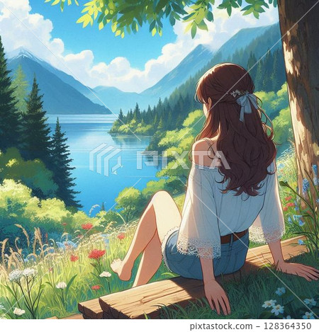 Woman, beauty, girl, model relaxing in nature 128364350