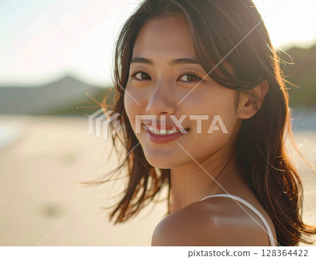 Smiling young woman looking back on the beach 128364422