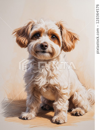 A charming small dog portrait drawing, showcasing its wonderfully fluffy white and tan coat and sweet expression. Posed calmly and endearingly against a soft backdrop in this lovely artwork. 128364576