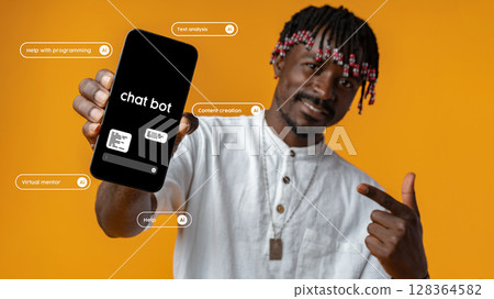 Innovative user showcasing chatbot features with smartphone against vibrant orange background in creative setting Innovative user showcasing chatbot features with smartphone against vibrant orange background in creative setting 128364582