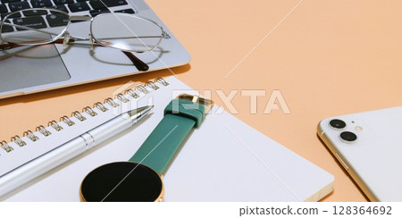 Business items, smartphone and computer, copy space, banner material, 2:1 Business items, smartphone and computer, copy space, banner material, 2:1 128364692