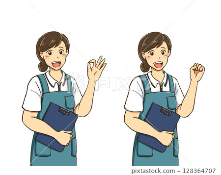 Caregiver woman wearing an apron Pose set 128364707