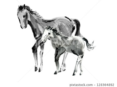 新年賀卡設計:手繪日式母子馬插畫 新年賀卡設計:手繪日式母子馬插畫 128364892