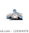 Minimalist illustration of snow-capped mountains with a rising sun or moon, set against a pale blue sky, creating a serene landscape. 128364978