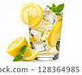 Visual of a carbonated drink with ice and lemon 128364985