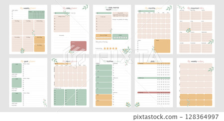 Bullet Journal Planner Set US Letter 8.5x11 in. Printable Daily Weekly Monthly Pages with Mental Health Tracker Checklist and Goals. Cute Vector Layout for Personal Schedule and Organizer 128364997