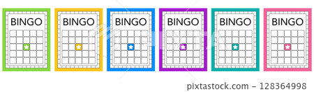 Blank bingo templates without printed digits. Clean keno and lotto ticket designs for casino use. Empty gambling sheets for lucky games, vector party printables and promotional illustrations. 128364998