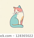A stylized cartoon-like illustration of a seated cat with pastel colors and smiling expression. 128365022