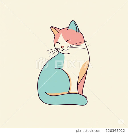 A stylized cartoon-like illustration of a seated cat with pastel colors and smiling expression. 128365022