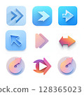 A collection of nine arrow icons in various styles and colors, pointing in different directions 128365023