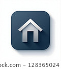 A stylized metallic house icon rendered in 3D, sits on a rounded square with a dark blue background. 128365024