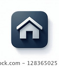 A 3D rendering of a white house icon on a rounded square dark blue button with a subtle shadow. 128365025
