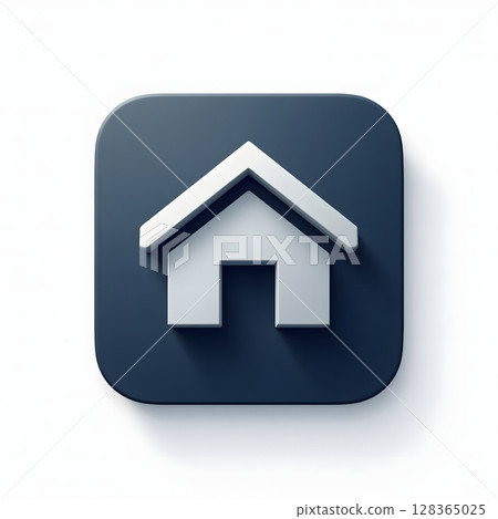 A 3D rendering of a white house icon on a rounded square dark blue button with a subtle shadow. 128365025