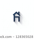Minimalist dark blue house icon with a long shadow on a white background. 128365028