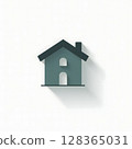 A minimalist, teal house icon with a dark roof and chimney, casting a long shadow on a white 128365031
