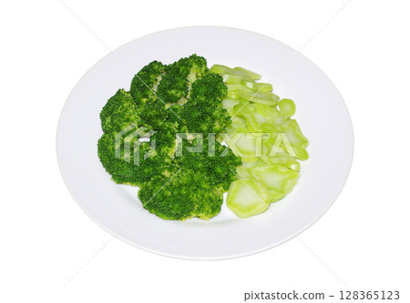 Fresh, beautiful green broccoli cut into bite-sized pieces and boiled, served on a plate (transparent background) Fresh, beautiful green broccoli cut into bite-sized pieces and boiled, served on a plate (transparent background) 128365123