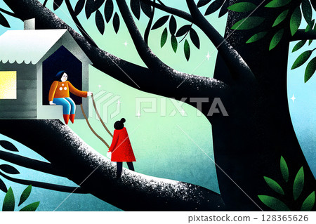 Houses and people adjoining giant trees 128365626