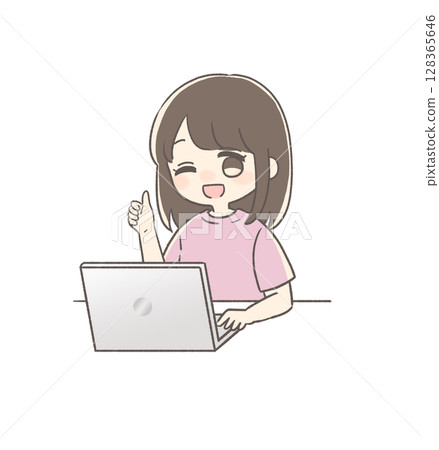 Illustration of a woman winking and making a GOOD sign while working on a computer 128365646