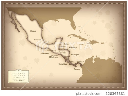 Antique-style map of Central America (country names, capitals) (English) Antique-style map of Central America (country names, capitals) (English) 128365881
