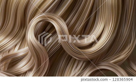 Long, luxurious golden blonde hair with soft waves and curls, showcasing incredible shine and healthy texture against a rich, dark background. 128365904