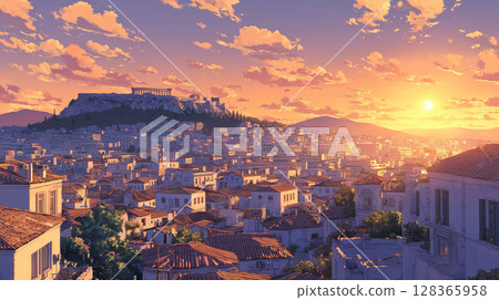 Silhouette of the Acropolis in a golden sunset, Athens Silhouette of the Acropolis in a golden sunset, Athens 128365958