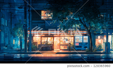 雨後的夜晚，日本街角的便利商店 128365960