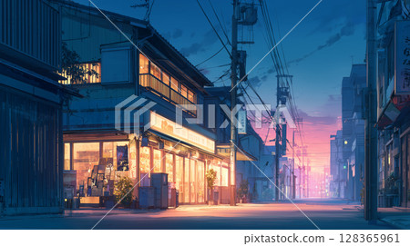 懷舊的日本夜晚，市中心商店的燈光 128365961