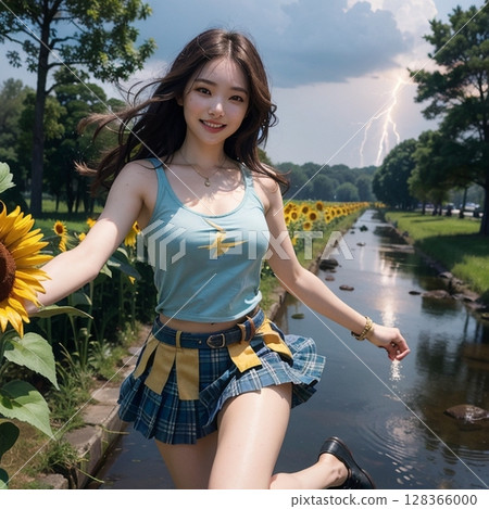 In a sunflower field illuminated by the setting sun! Smiles! 128366000
