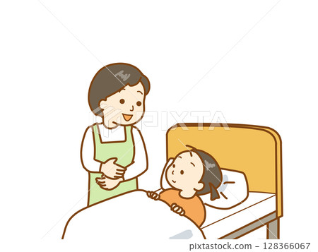 A mother accompanies her hospitalized child in the hospital room 128366067