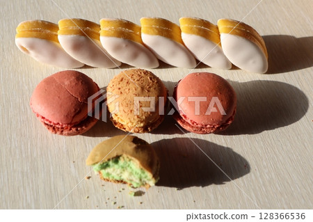 Enjoy a Mouthwatering and Delicious Assortment of Exqusitely Colorful Macarons and Cookies 128366536