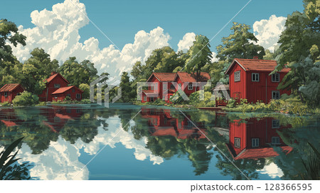 傳統的紅色木屋和平靜的瑞典湖上美麗的倒影 128366595