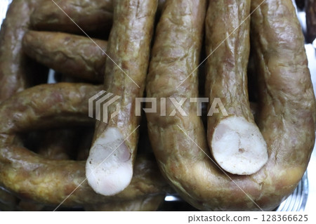 Traditional Sausage Presented Beautifully in a Charcuterie Display for Your Enjoyment Traditional Sausage Presented Beautifully in a Charcuterie Display for Your Enjoyment 128366625