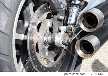 Detailed CloseUp Examination of the Motorcycles Brake System and Exhaust Pipes Features Detailed CloseUp Examination of the Motorcycles Brake System and Exhaust Pipes Features 128366663