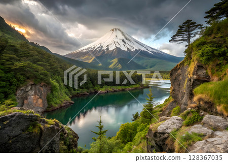 mountain lake with fog 128367035