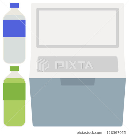 Plastic bottles of water and tea and a cooler box 128367055