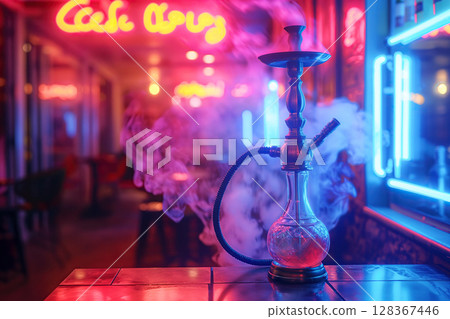 hookah in shisha smoke on the table in lounge cafe bar with neon atmospheric light close-up on multicolored background 128367446
