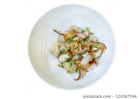 Top view of Dried dumplings with roast pork, focus selective Top view of Dried dumplings with roast pork, focus selective 128367594