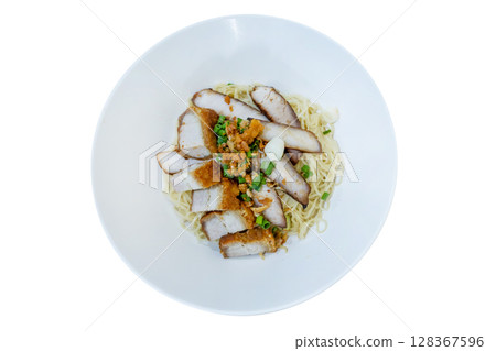 Top view of Dry noodles with roast pork, focus selective Top view of Dry noodles with roast pork, focus selective 128367596