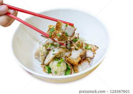 Top view of Dried dumplings with crispy pork , focus selective Top view of Dried dumplings with crispy pork , focus selective 128367601