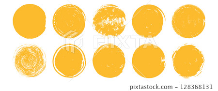 Yellow brush sun rough set. Hand drawn grunge sun circles. Abstract crayon round stamp collection on white background. Yellow brush sun rough set. Hand drawn grunge sun circles. Abstract crayon round stamp collection on white background. 128368131